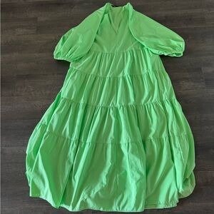 Zara Bright Green Tiered Maxi Dress with Puff Sleeves